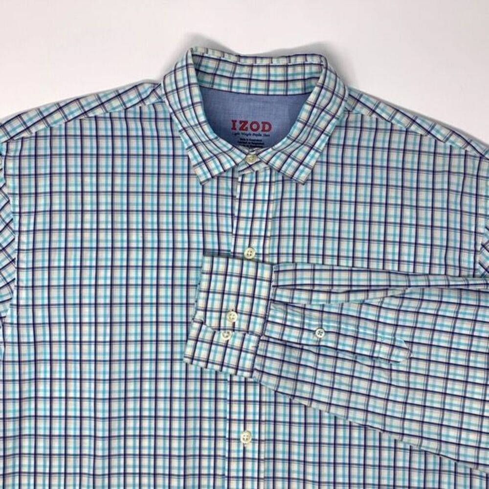 IZOD Navy‎ Teal White Plaid Cotton Men's Long Sleeve Shirt Size Medium